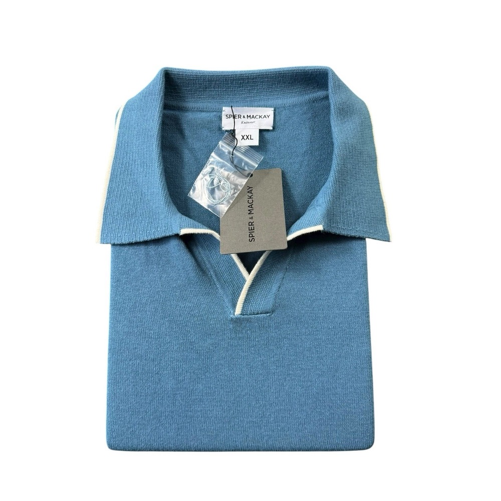 Spier & Mackay Petrol Blue Cream Tipped Knit Cotton Polo Shirt Mens 2XL NWT